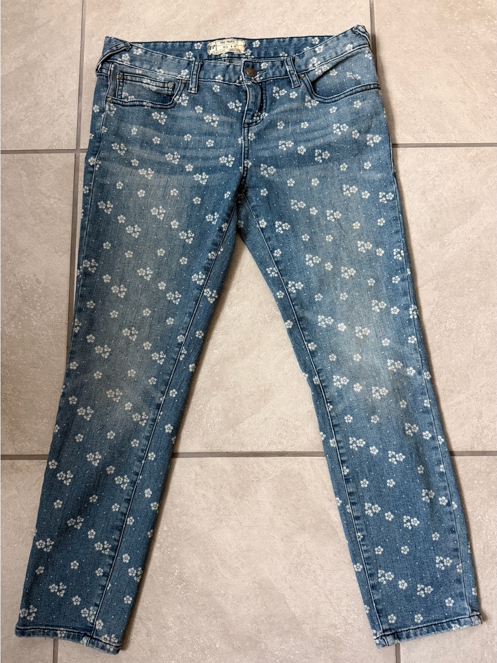 Free People Blue Denim Skinny Jeans with White Floral Print